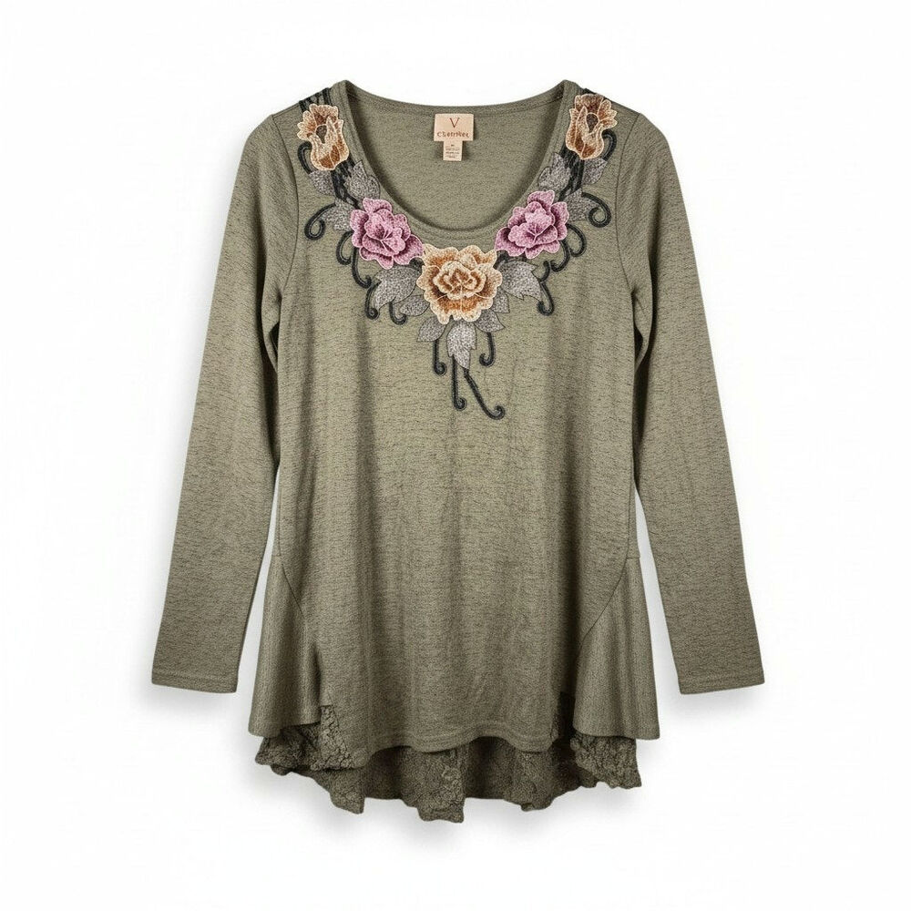 V Cristina Y2K Whimsigoth Embroidered Floral Lace Tunic Top Boho Sage Green Sz S